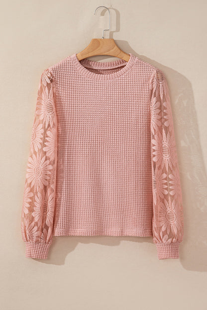 Sunflower Mesh Bubble Sleeve Waffle Knit Top | Peach Blossom