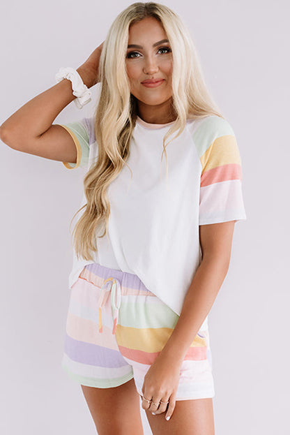 Rainbow Striped T Shirt And Shorts Set | White