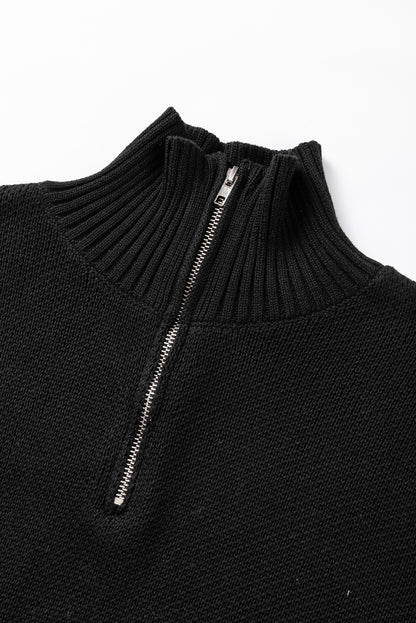 Quarter Zip Short Batwing Sleeve Sweater | Black