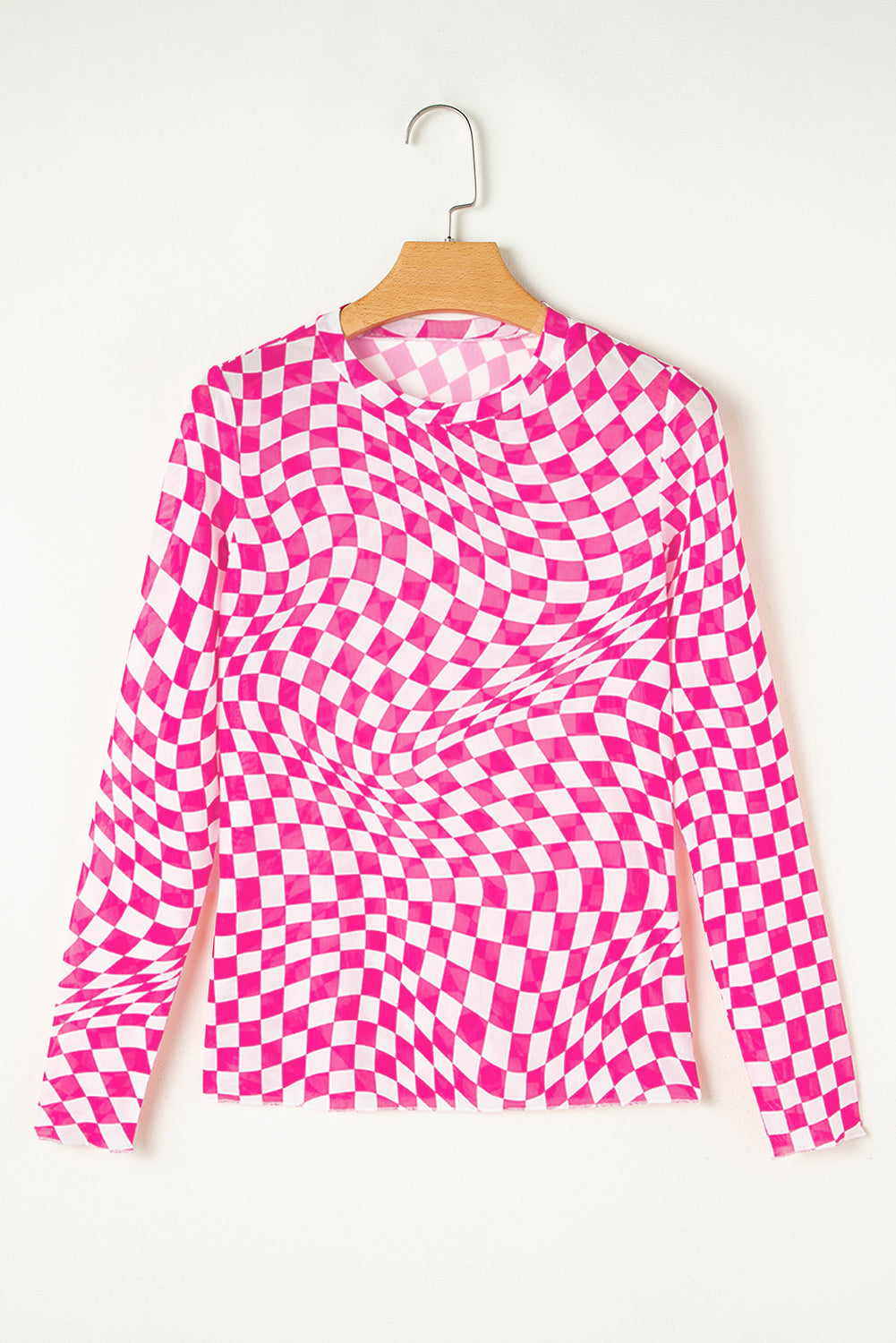 Checkered Pattern Mesh Mock Neck Long Sleeve Top | Rose