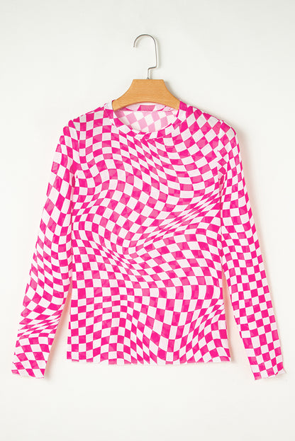 Checkered Pattern Mesh Mock Neck Long Sleeve Top | Rose