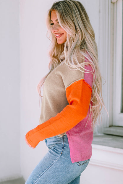 Colour Block Turtle Neck Drop Shoulder Knit Sweater | Khaki