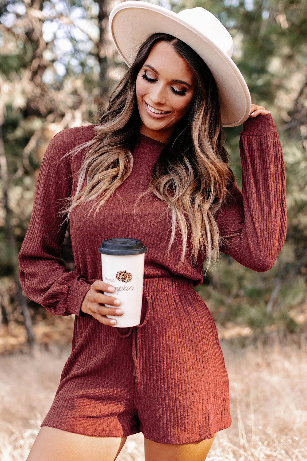 Fiery  Ribbed Long Sleeve Romper | Red