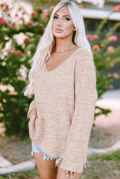 Waffled Knit Long Sleeve V-Neck Frayed Top | Pink