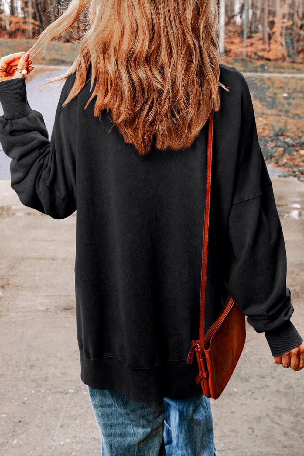 Hey Boo Print Drop Sleeve Side Split Oversized Sweatshirt | Black