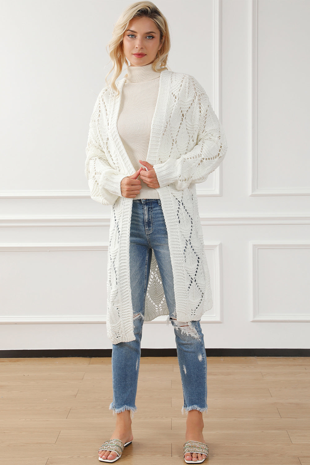 Rhombus Hollowed Knit Open Front Cardigan | White