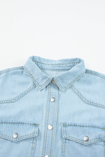 Vintage Light Wash Flap Pockets Rounded Hem Shirt | Mist Blue