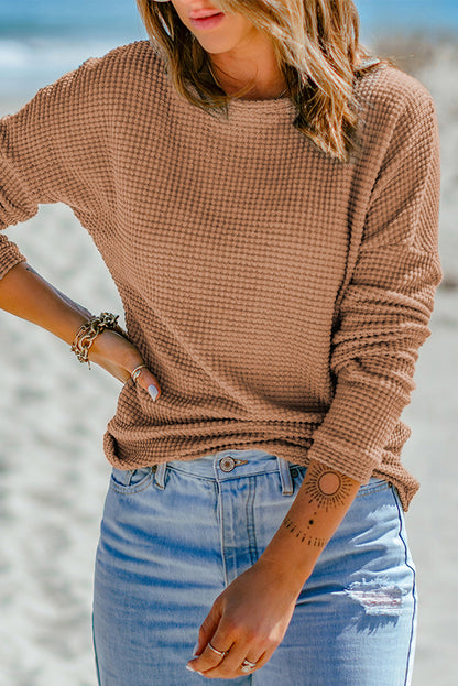 Waffle Knit Drop Shoulder Long Sleeve Top | Khaki