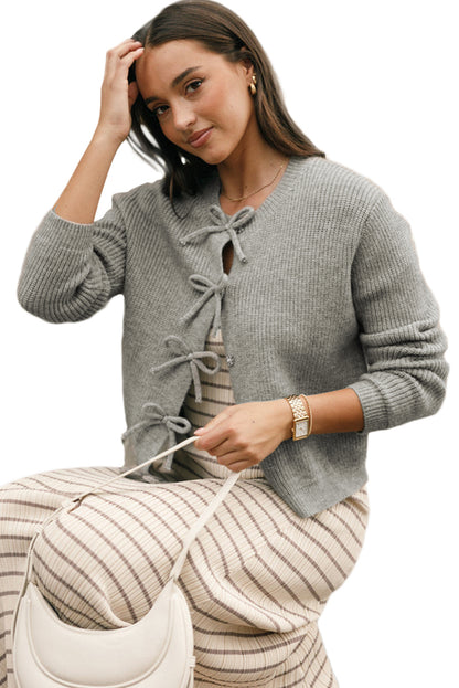 Ribbed Knit Bow Front Buttoned Cardigan | Philippine Gray