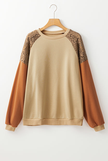 Lace Patchwork Colourblock Drop Shoulder Sweatshirt | Khaki