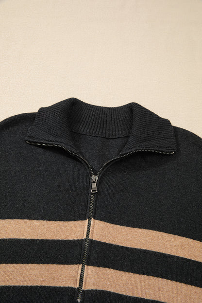 Collared Quarter Zipper Oversized Sweater | Black Stripe