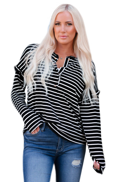 Striped Print Ruffled Buttoned Long Sleeve Top | Black