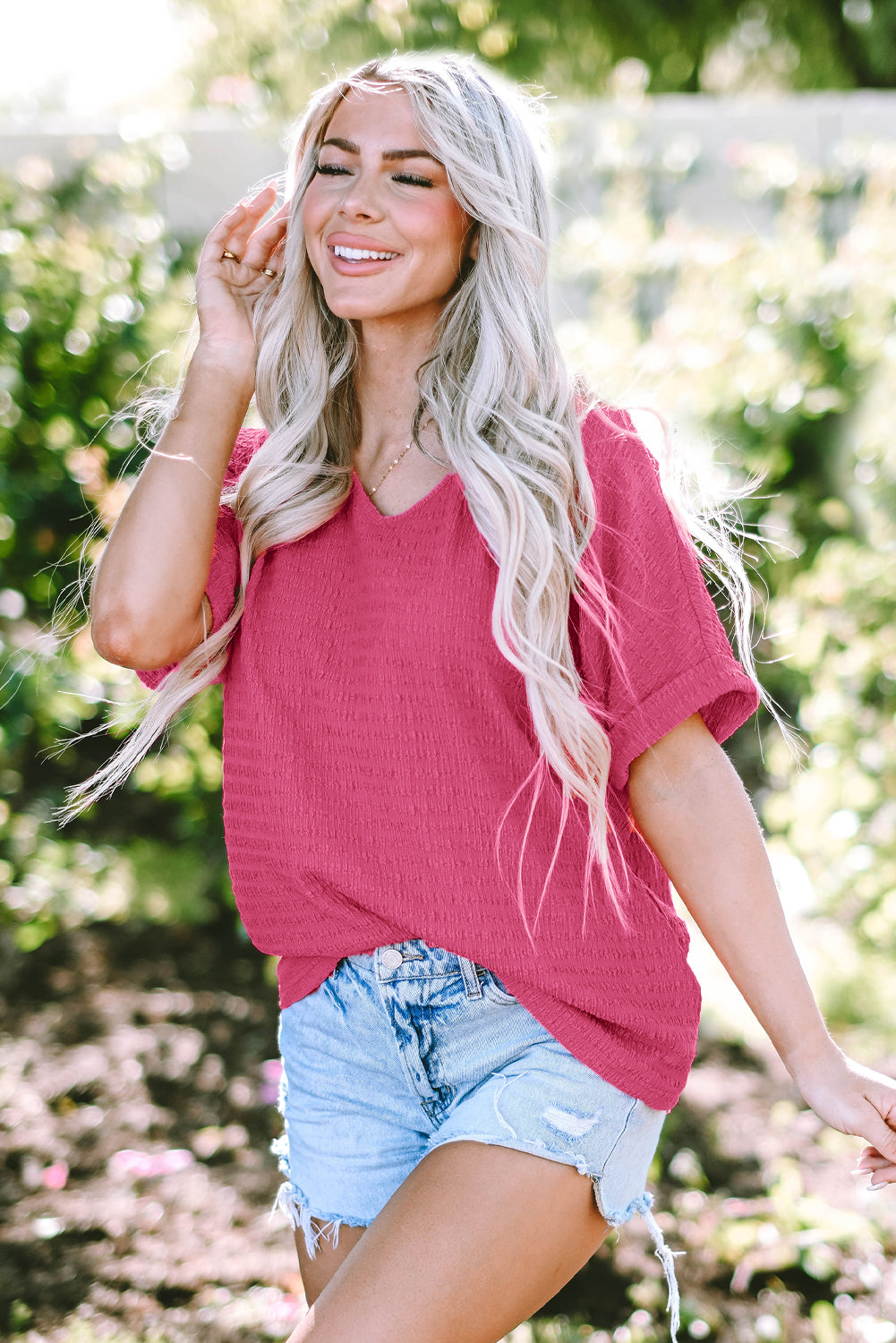 Textured Rolled Sleeve V Neck Tee | Bright Pink