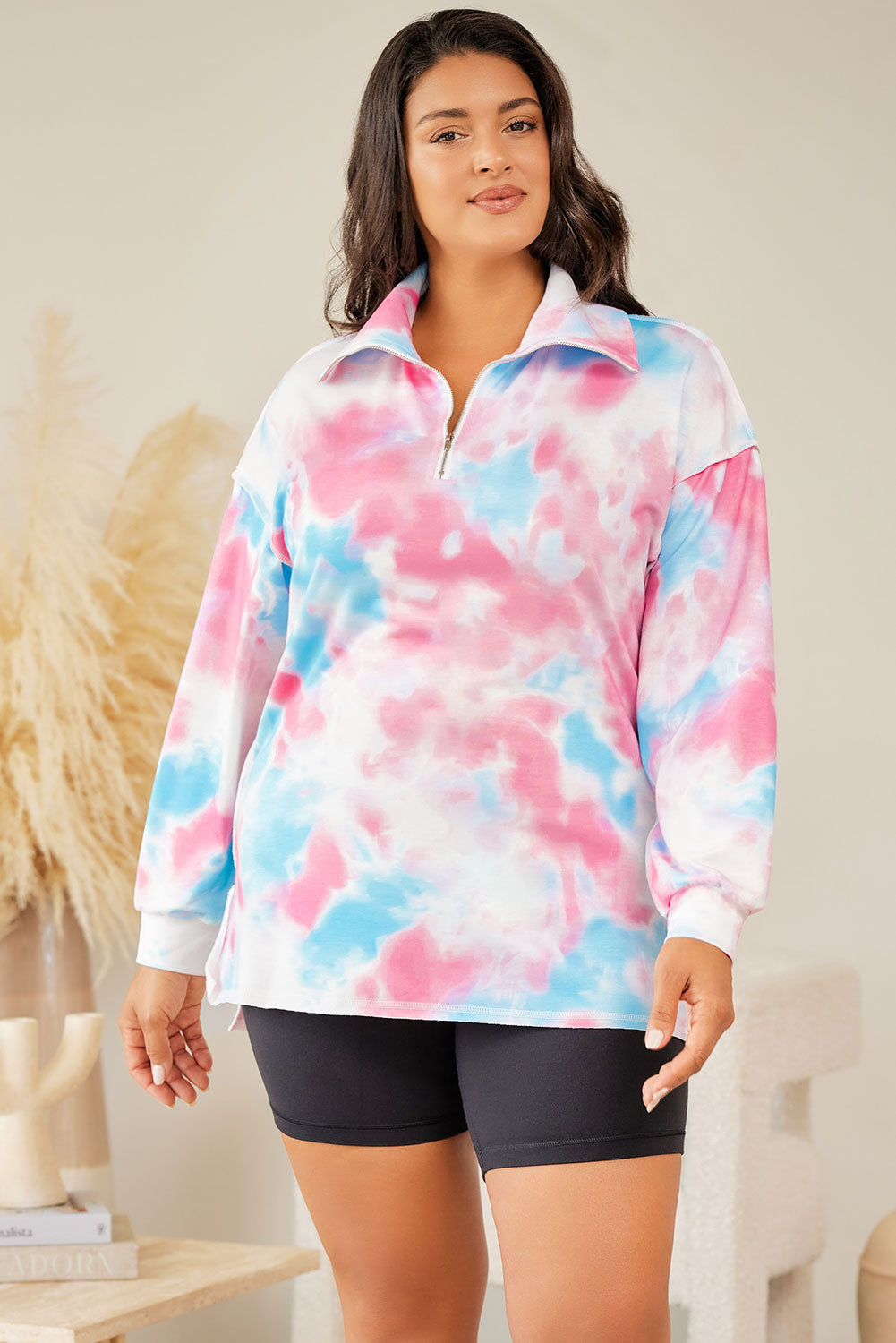 Plus Size Tie-Dye Zipped Collared Pullover Sweatshirt | Multicolour