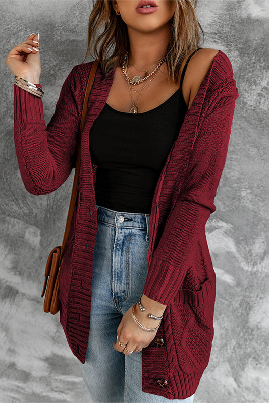 Burgundy Front Pocket and Buttons Closure Cardigan