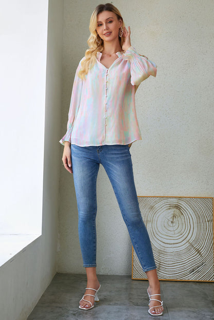 Abstract Print Frilled Buttoned Long Sleeve Shirt | Multicolour