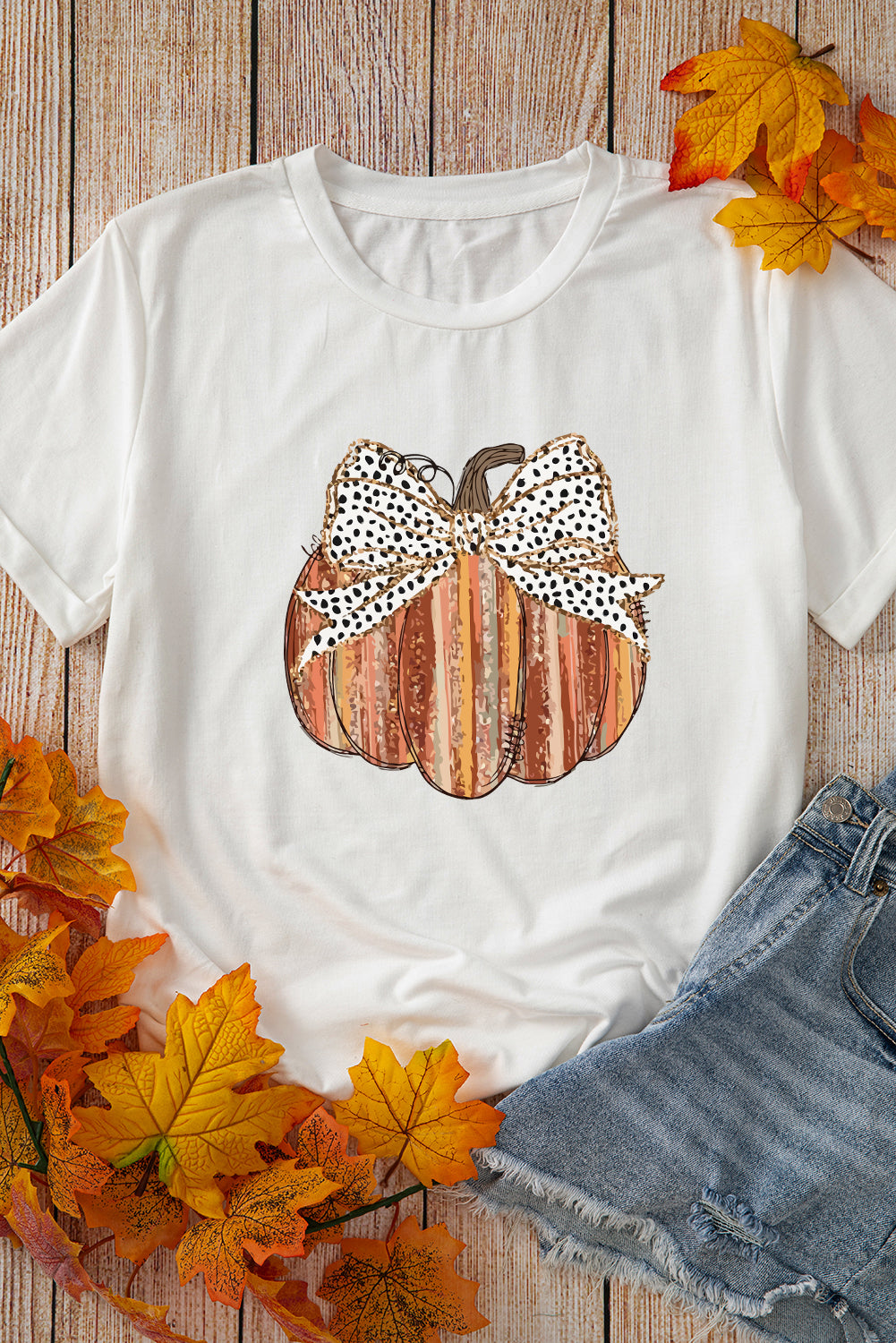 Thanksgiving Bow Knot Pumpkin Print Round Neck T Shirt | White