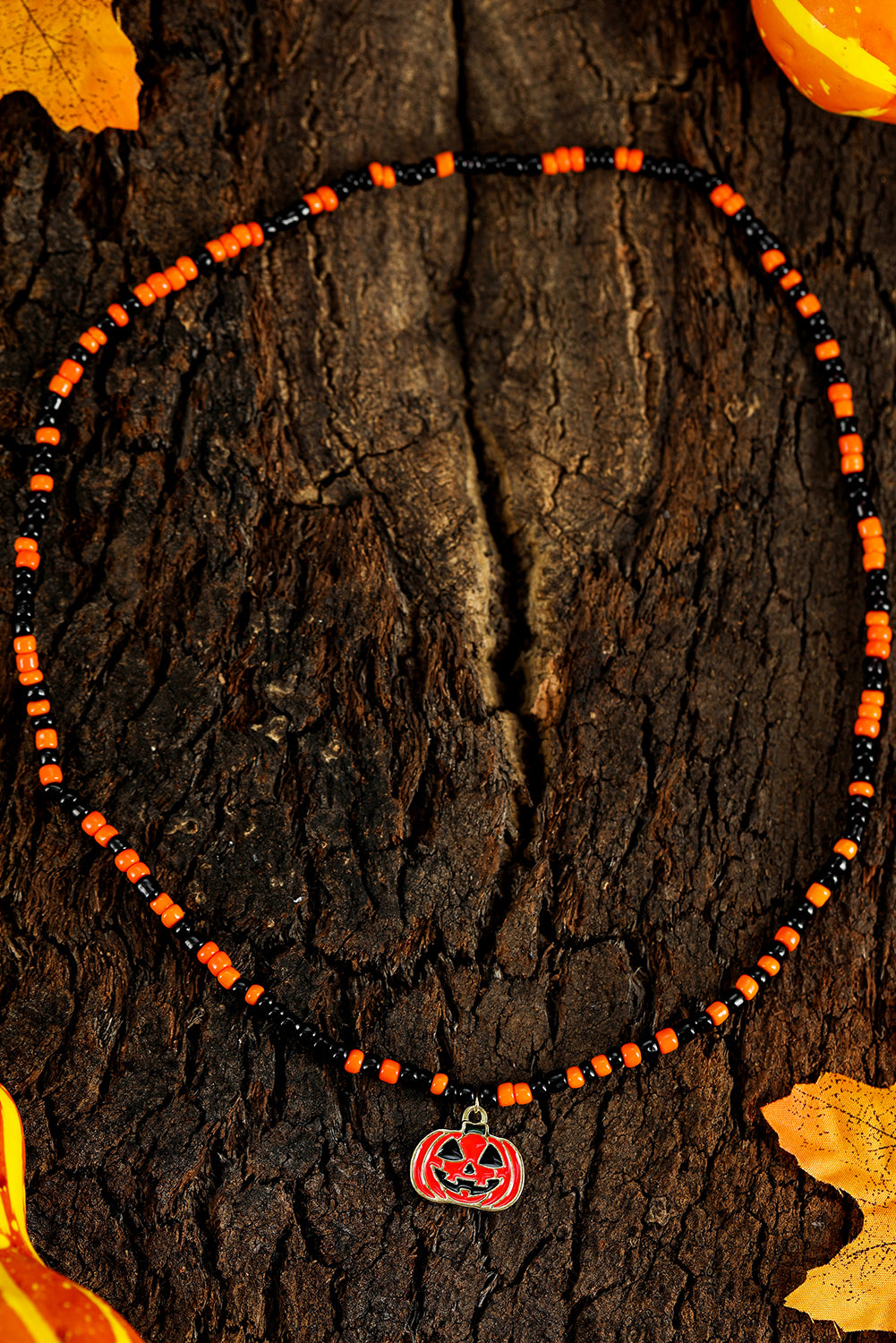 Pumpkin Face Pendant Rice Beaded Halloween Necklace | Orange