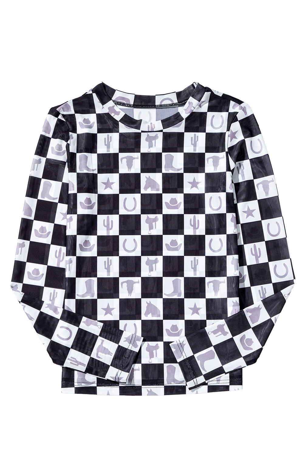 Checkerboard Western Elements Printed Mesh Long Sleeve Top | Black