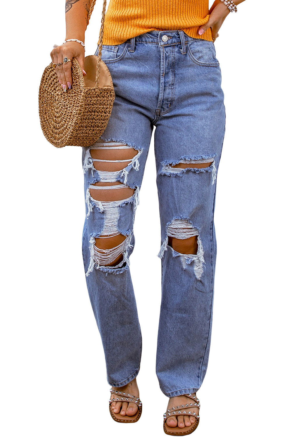 Heavy Destroyed Big Hole Boyfriend Jeans | Sky Blue