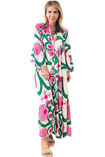 Boho Floral Printed Long Sleeve Buttoned Loose Maxi Dress | Pink