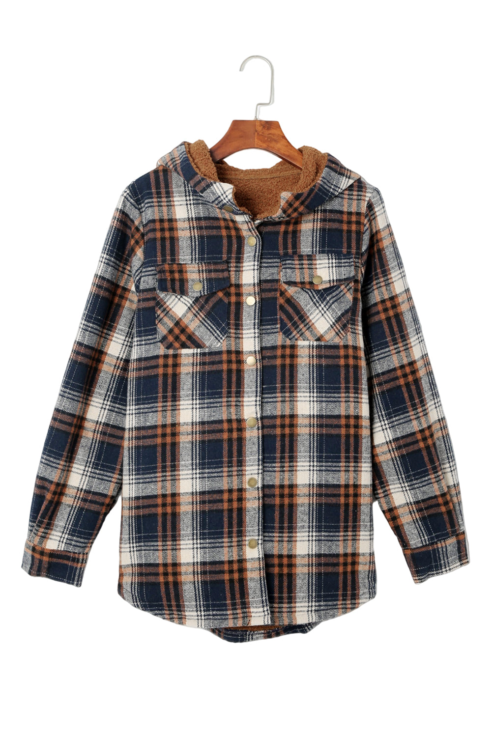 Plaid Pattern Sherpa Lined Hooded Shacket | Blue