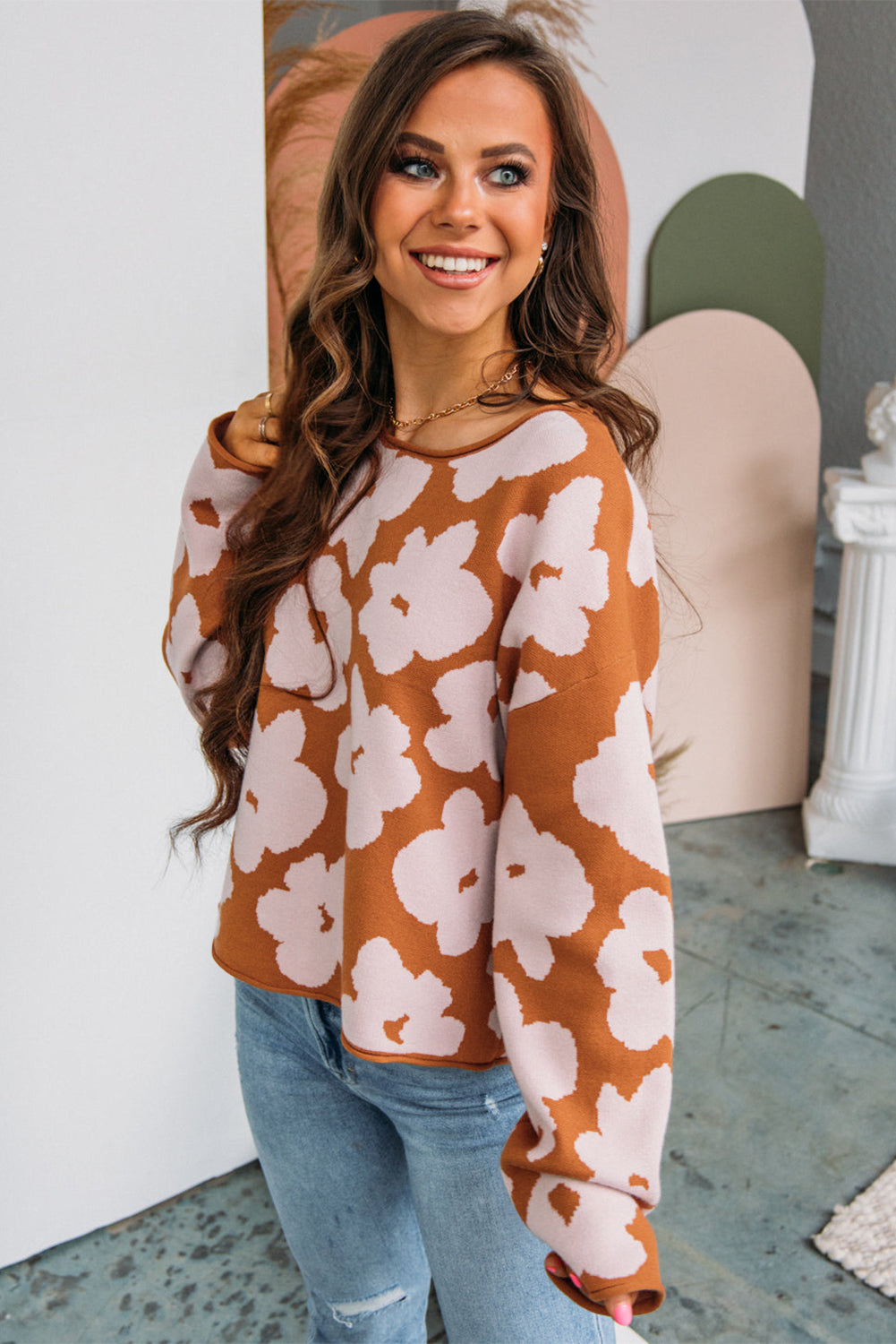 Floral Pattern Crew Neck Long Sleeve Loose Sweater | Brown