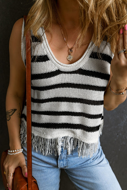 Loose Knit Fringe Tank Top | Beige Stripe