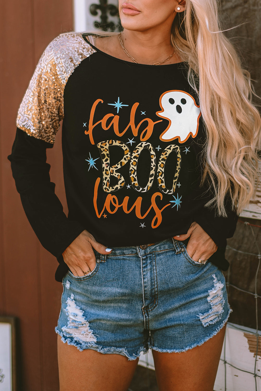 Leopard Boo Ghost Graphic Sequin Raglan Sleeve Top | Black