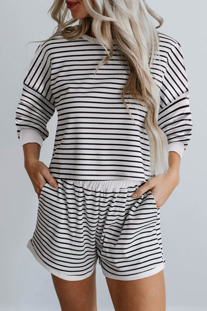 Textured 3/4 Sleeve Top And Shorts Set | Black Stripe