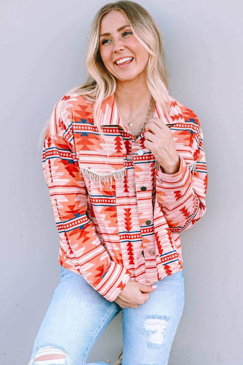 Fiery  Western Aztec Print Corduroy Jacket | Red