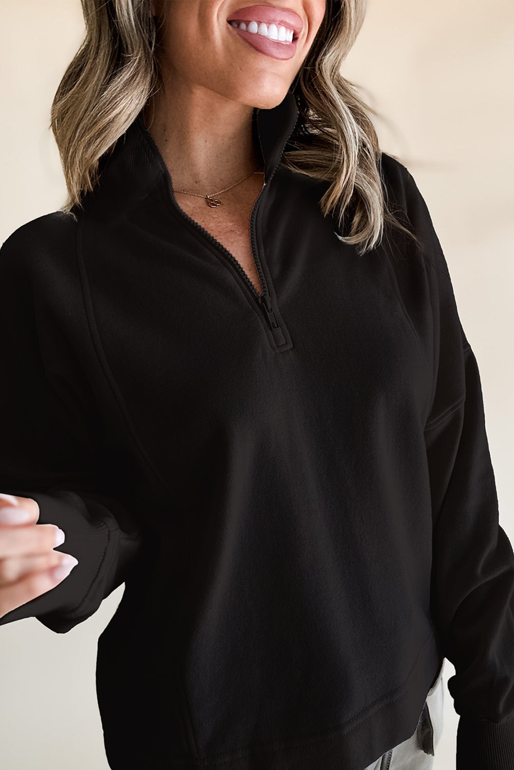 Zipped Neck Pullover Drop Shoulder Sweatshirt | Black