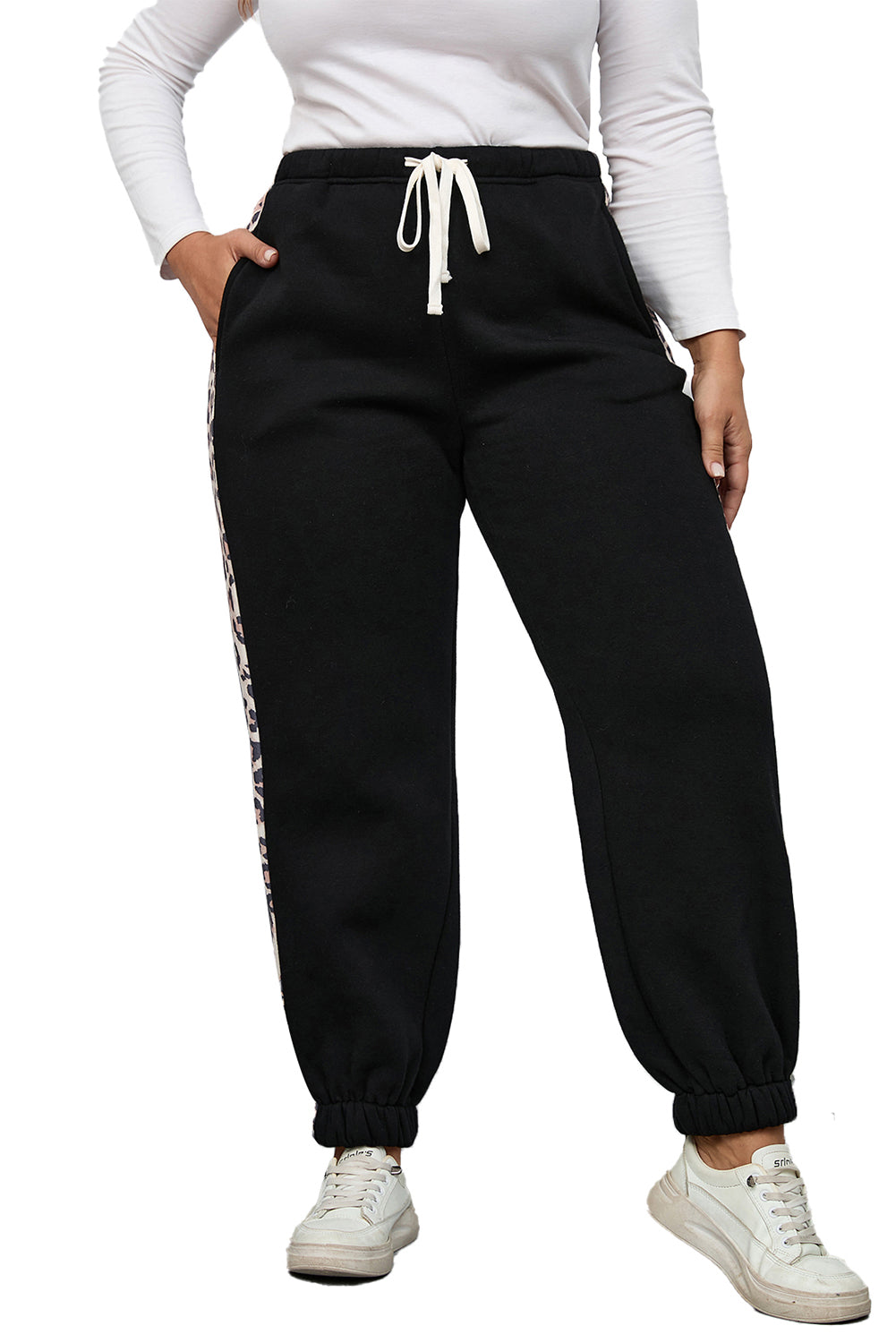 Plus Size Contrast Leopard Side Panel Joggers | Black