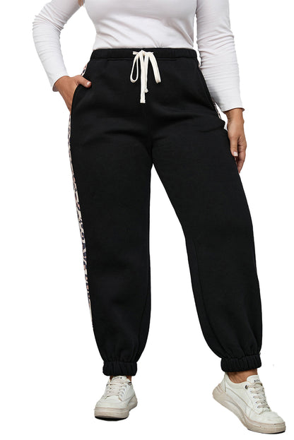 Plus Size Contrast Leopard Side Panel Joggers | Black