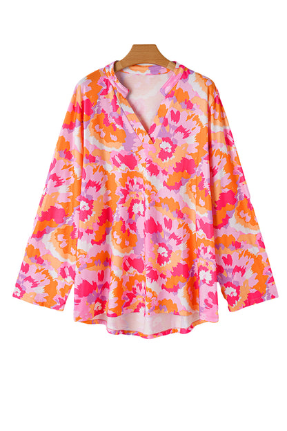 Plus Size Abstract Floral Print V Neck Blouse | Pink