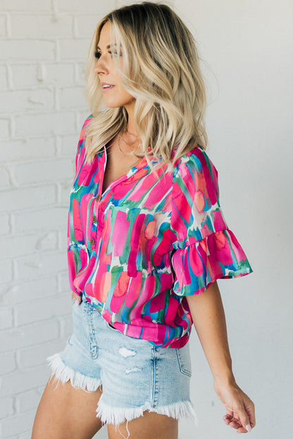 Abstract Brushwork Print Buttoned V Neck Blouse | Rose