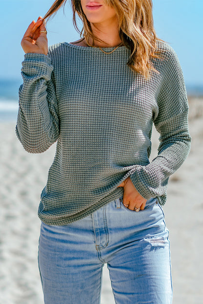 Waffle Knit Drop Shoulder Long Sleeve Top | Green