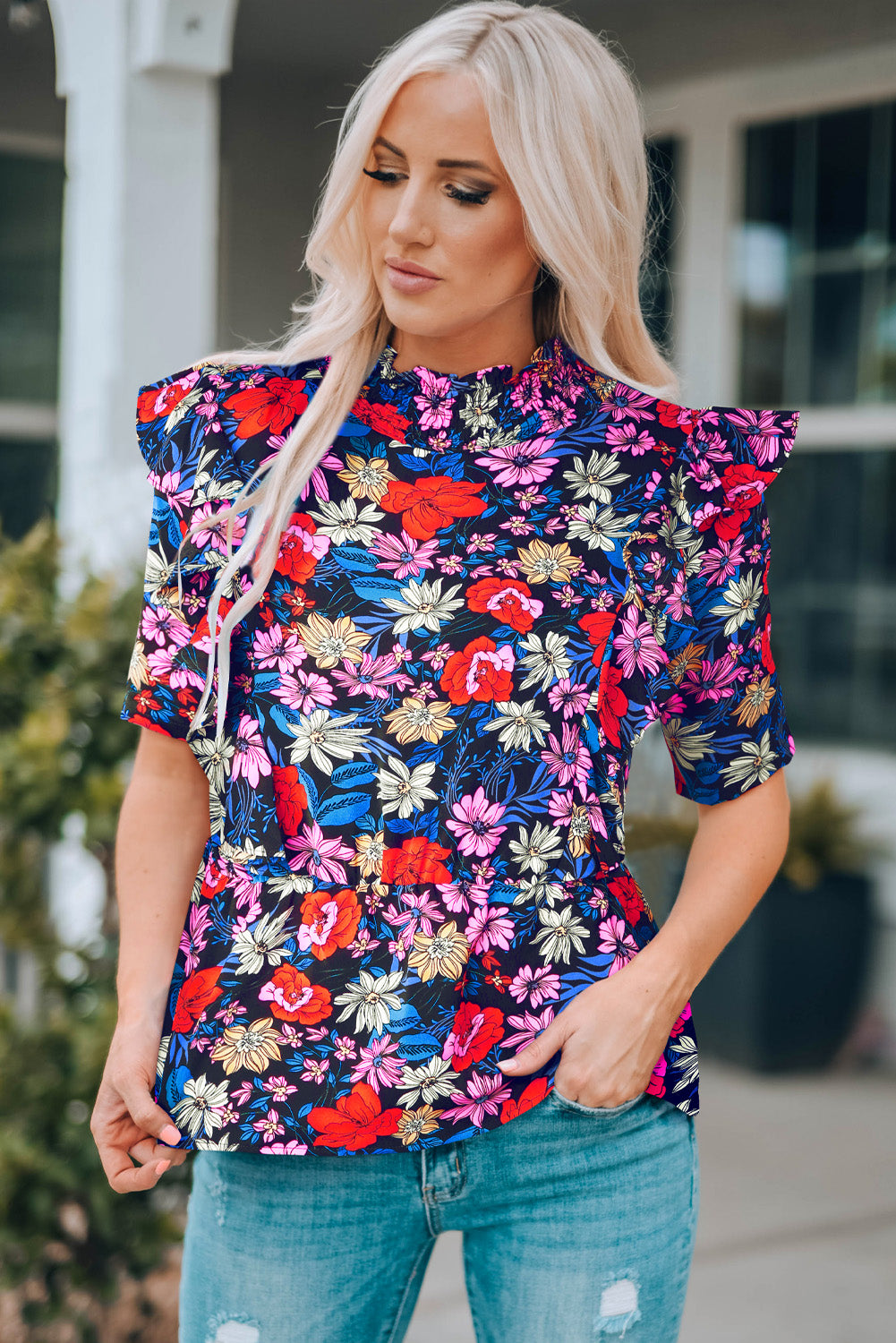 Floral Print Ruffle Peplum Top | Blue