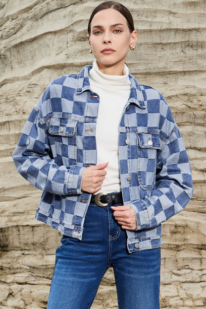 Checkered Patchwork Button Up Denim Jacket | Light Blue