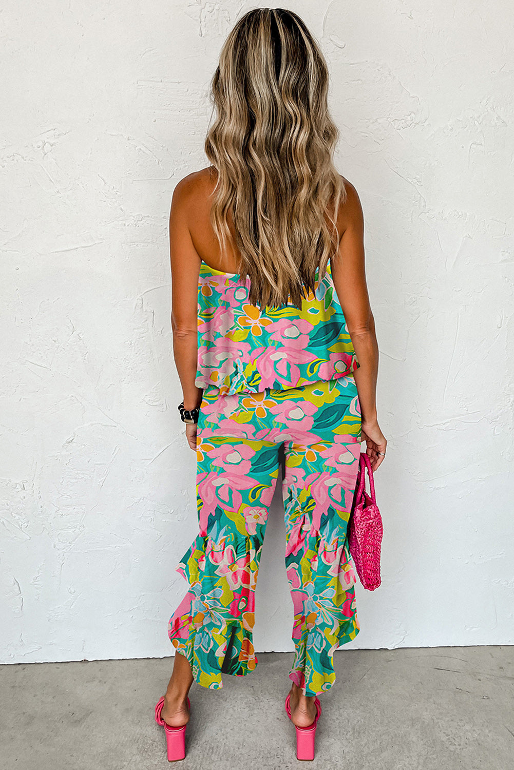 Mix Tropical Print Strapless Ruffled Jumpsuit | Green