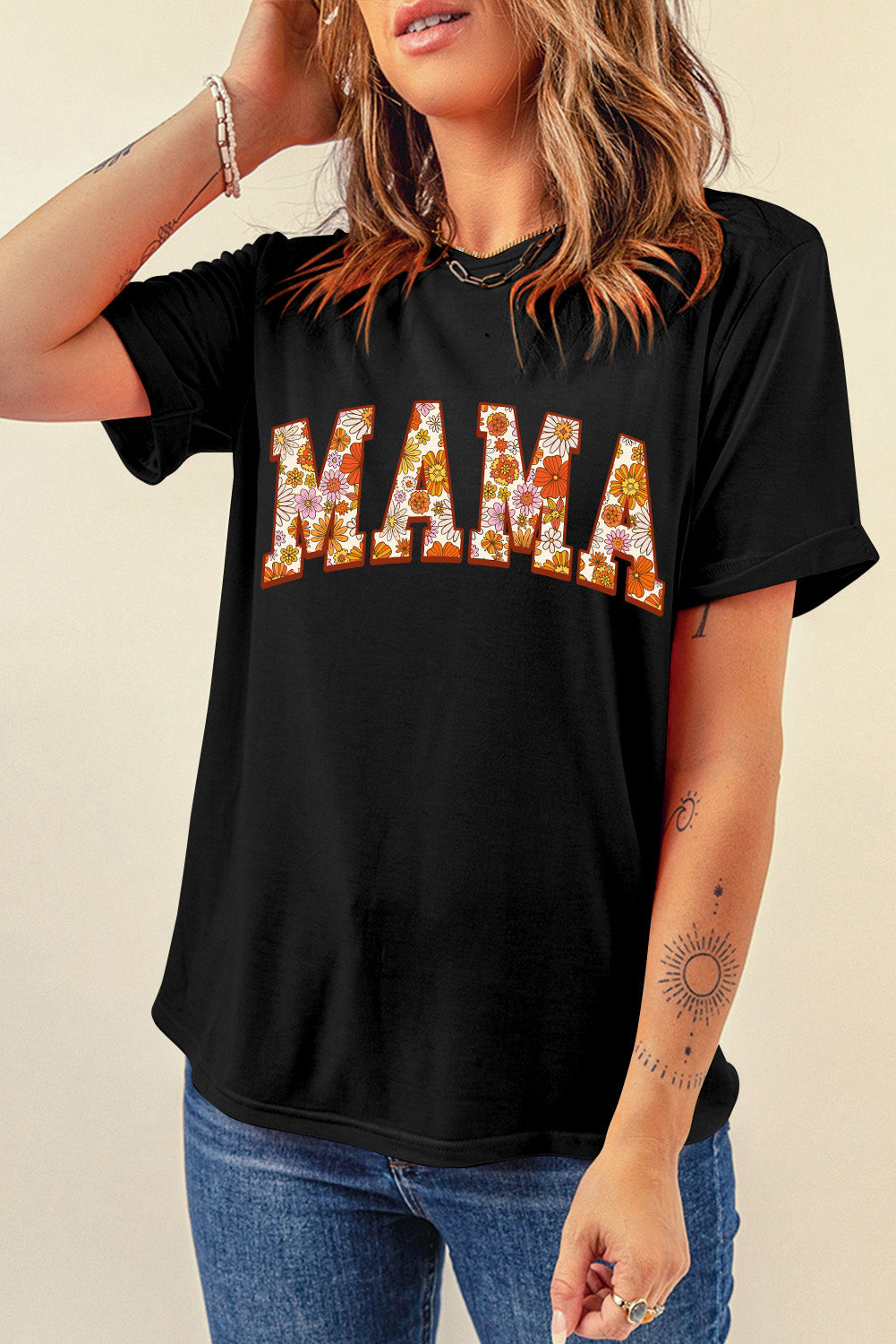 Flower Printed Mama Letter Graphic T-Shirt | Black