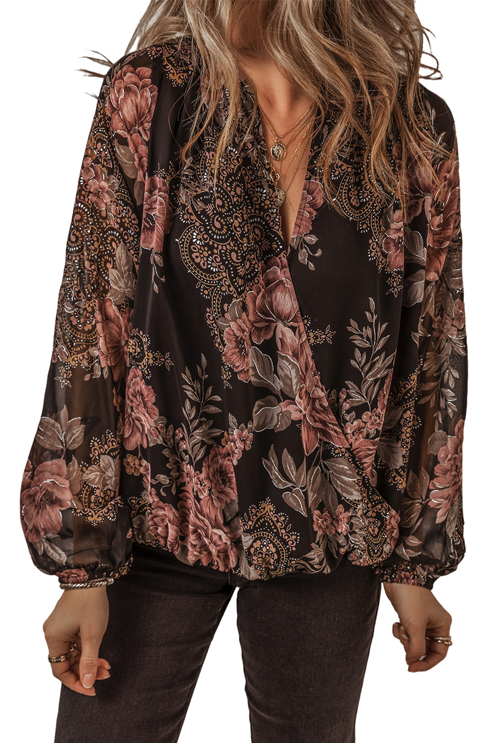 Floral Print Criss Cross V Neck Balloon Sleeve Blouse | Black