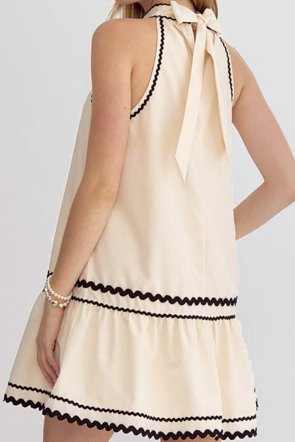 Ric Rac Trim Halter A-Line Sleeveless Mini Dress | Khaki Stripe