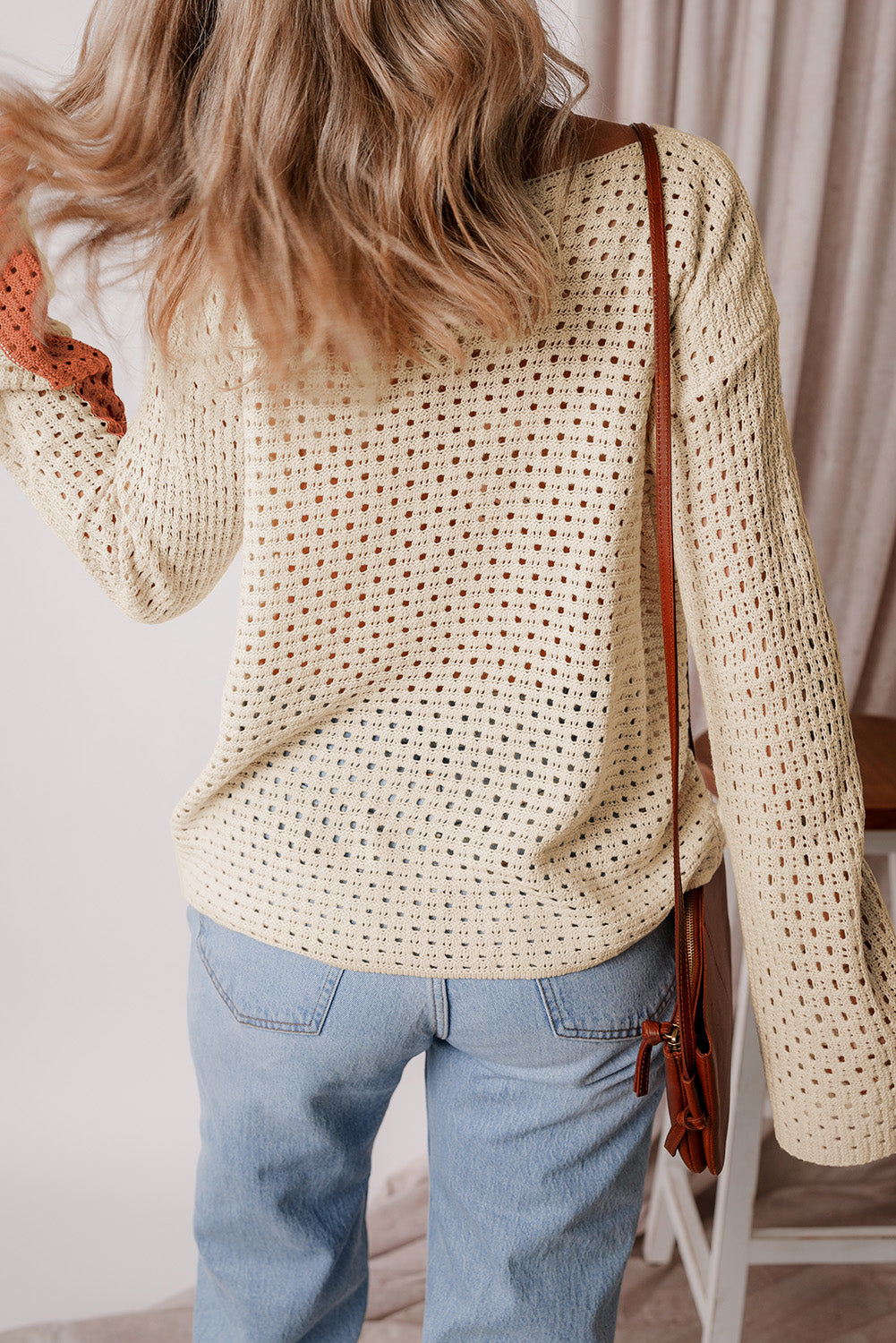 Pointelle Knit Colourblock Baggy Sweater | Apricot