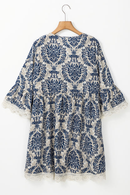 Vintage Printed Lace Trim V Neck 3/4 Sleeve Loose Dress | Sky Blue