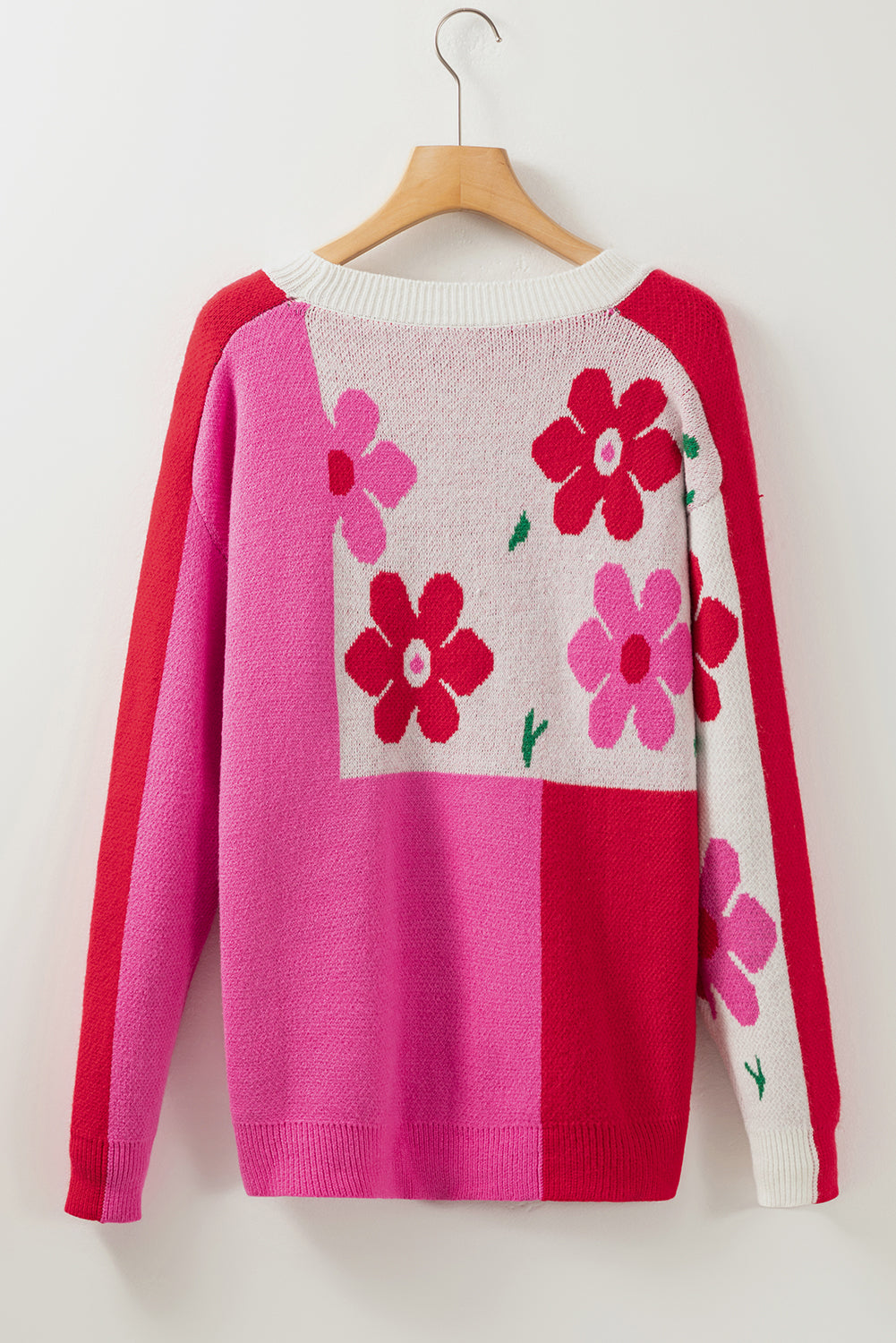 Floral Mixed Colour Block Sweater | Rose Red