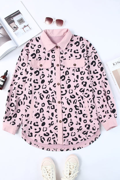 Collared Neckline Flap Pockets Leopard Corduroy Jacket | Pink