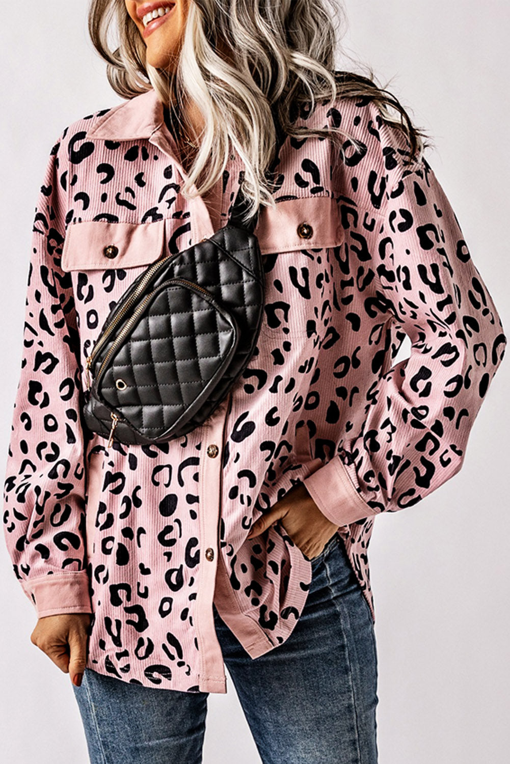 Collared Neckline Flap Pockets Leopard Corduroy Jacket | Pink