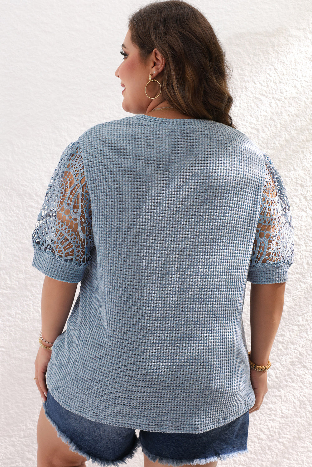 Plus Size Textured Knit Lace Sleeve T Shirt | Ashleigh Blue