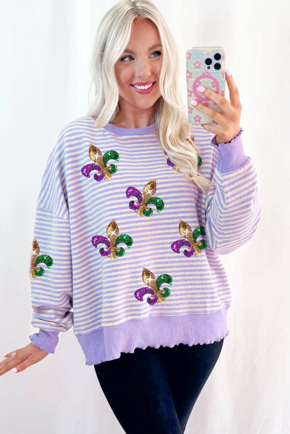 Sequin Fleur De Lis Patched Pattern Long Sleeve Top | Purple Stripe